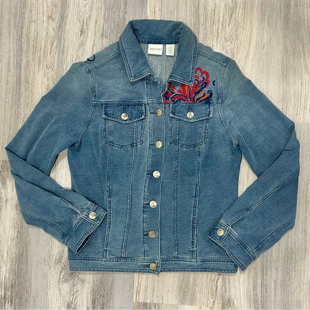 Chico’s Zenergy French Terry Indigo Denim Embroidered Floral Jacket Size 0/S